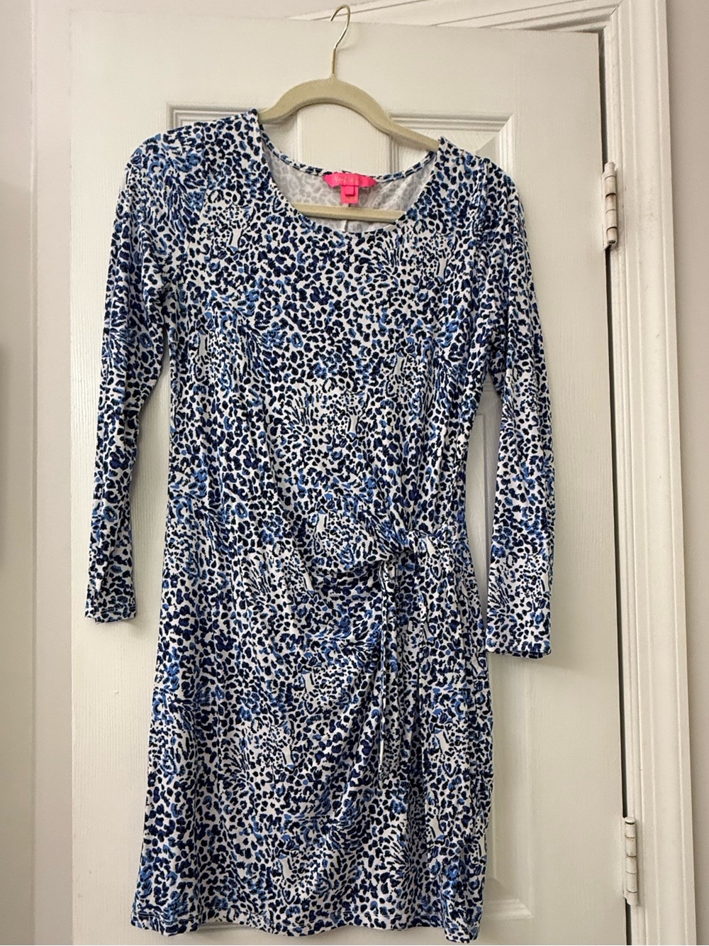 Lilly Pulitzer Blue and White Leopard-Print Long Sleeve Wrap Dress